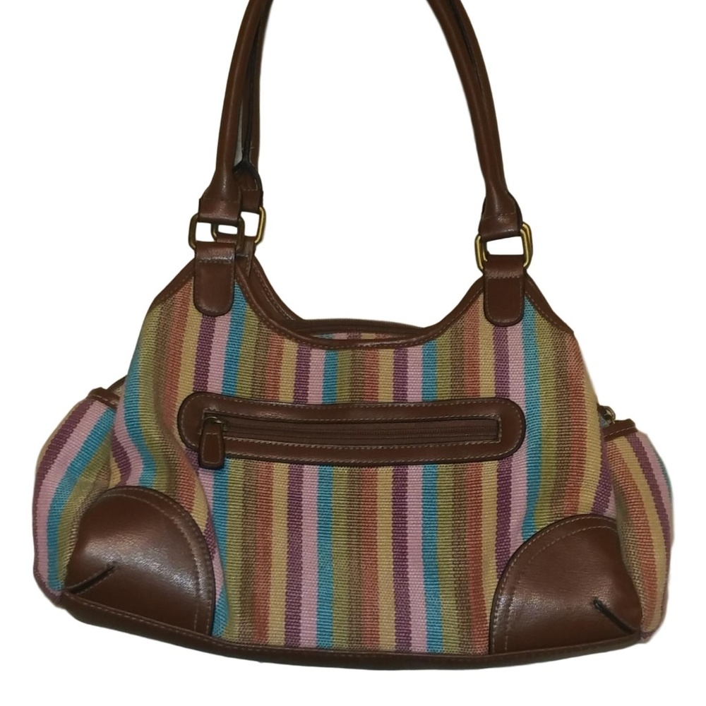Striped Shoulder Bag, Canvas and Faux Leather